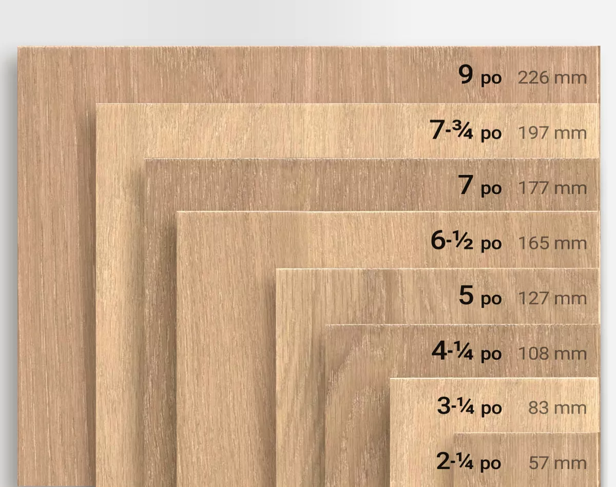 Planches de bois entre 2 1/4 po et 9 po